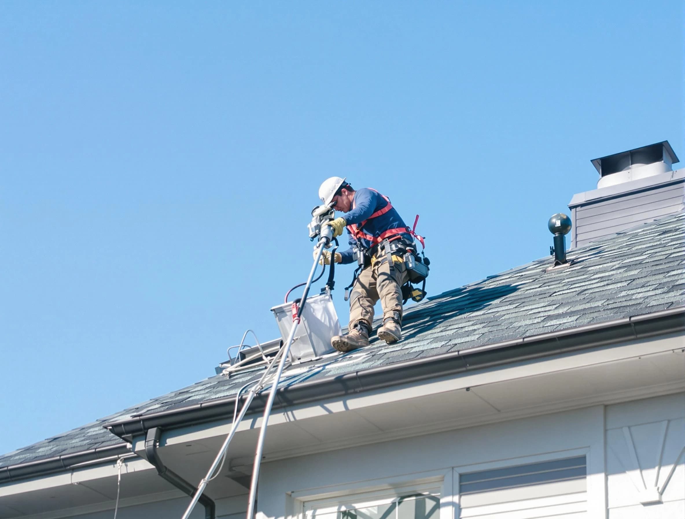 Midwest City Dryer Vent Cleaning certified technician cleaning a roof-mounted dryer vent system in Midwest City
