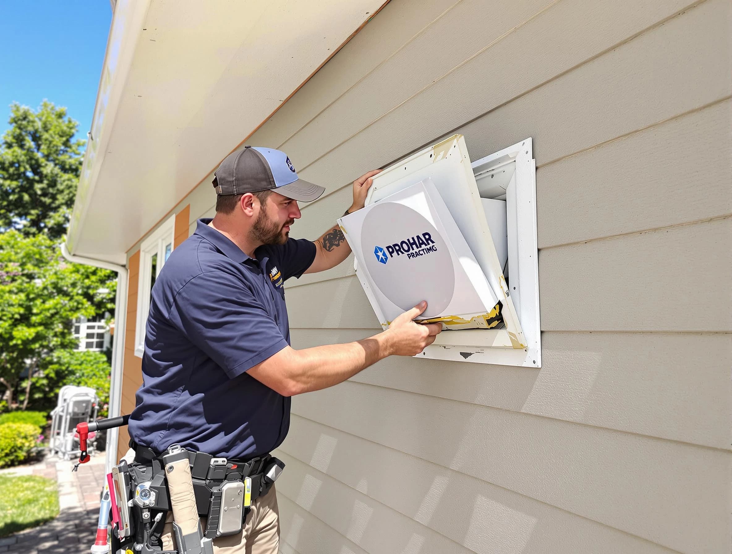 Midwest City Dryer Vent Cleaning technician installing a new protective dryer vent cover on a home in Midwest City