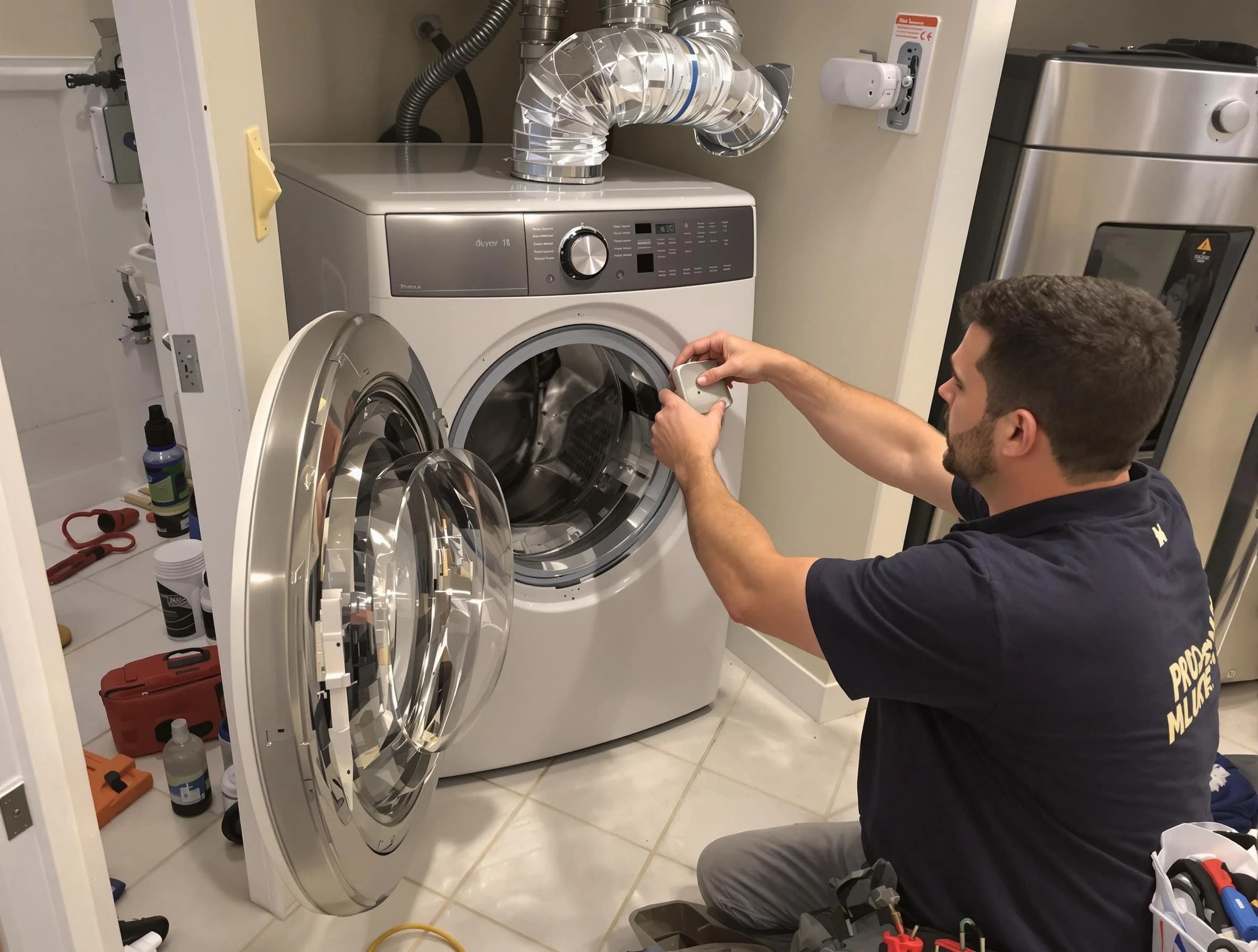 Midwest City Dryer Vent Cleaning technician performing precise dryer vent hose installation in Midwest City