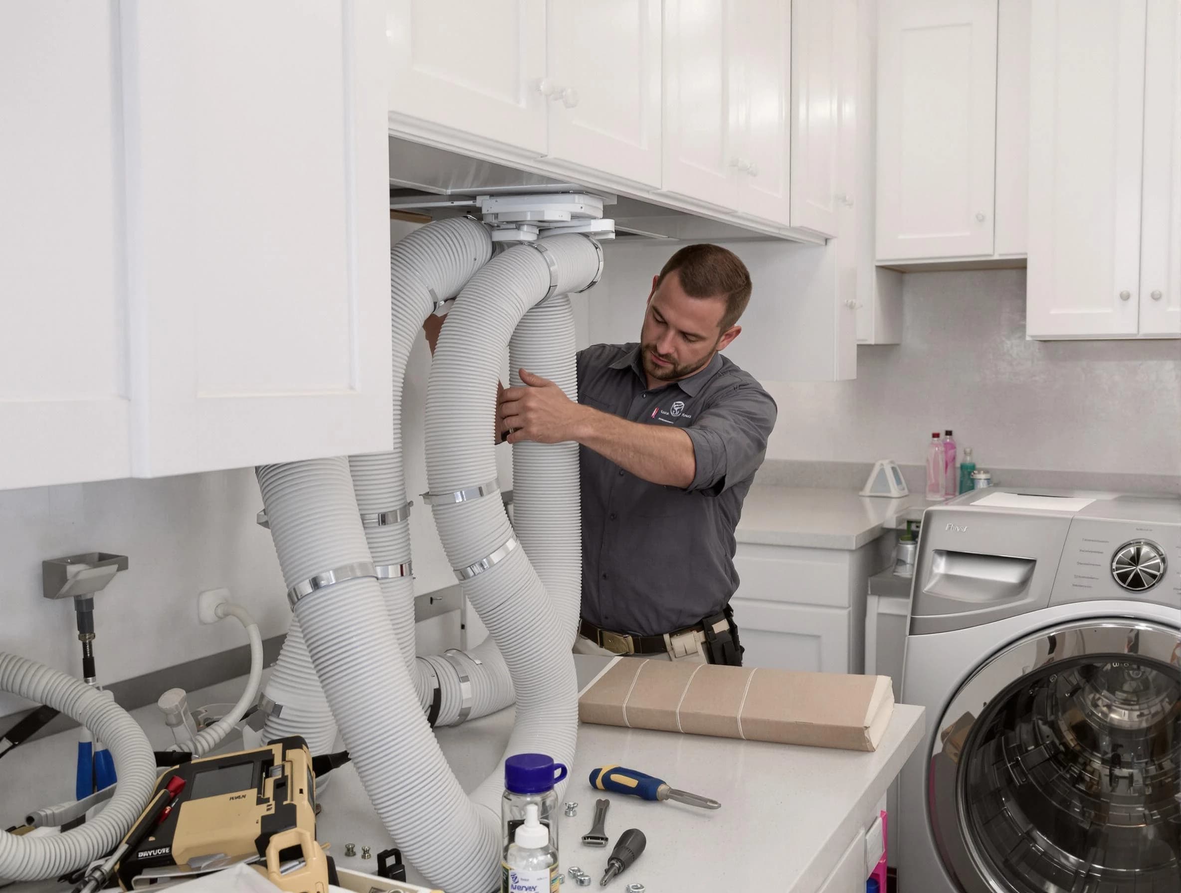 Midwest City Dryer Vent Cleaning technician installing a new professional-grade dryer vent hose in Midwest City