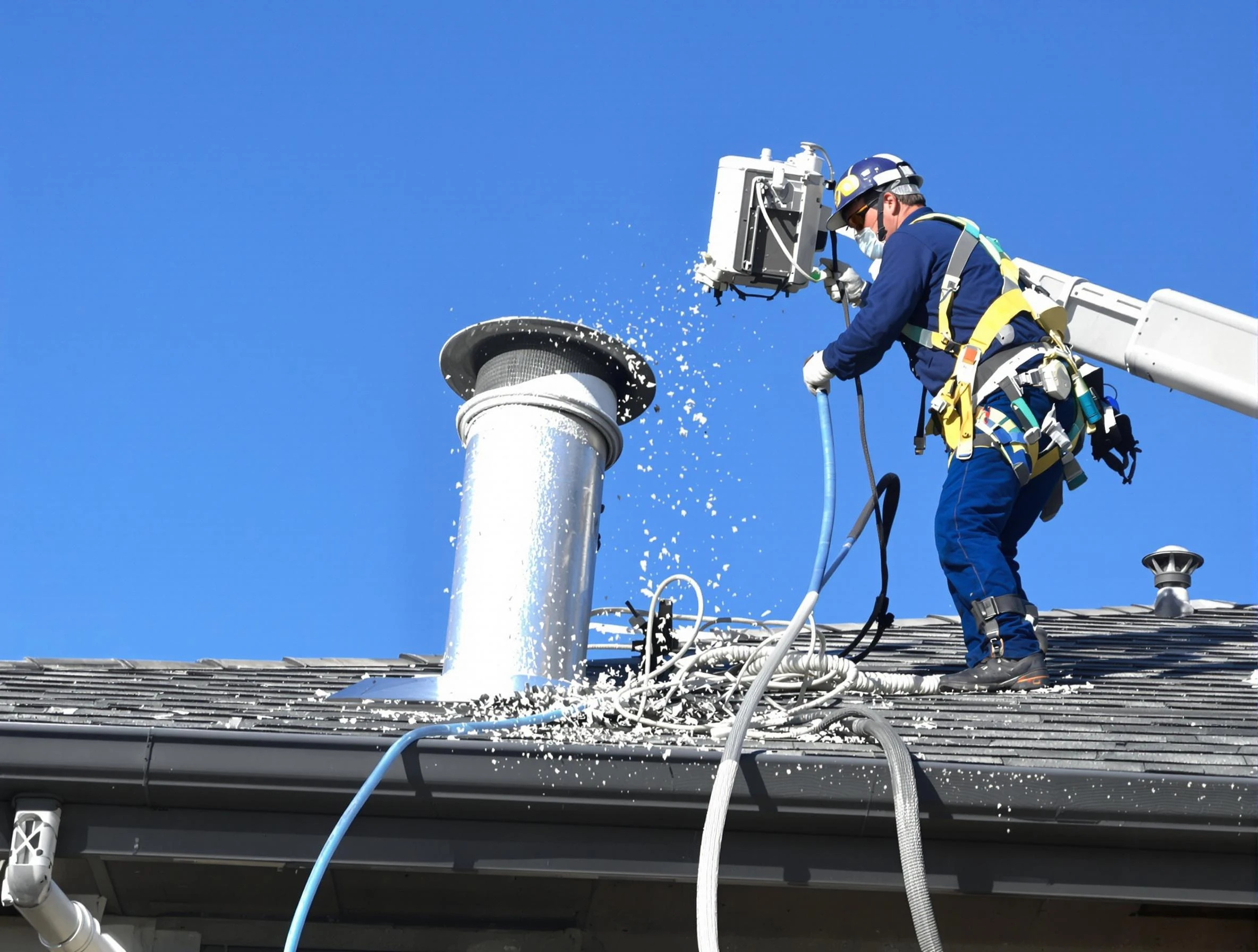 Midwest City Dryer Vent Cleaning certified technician safely cleaning a roof-mounted dryer vent in Midwest City
