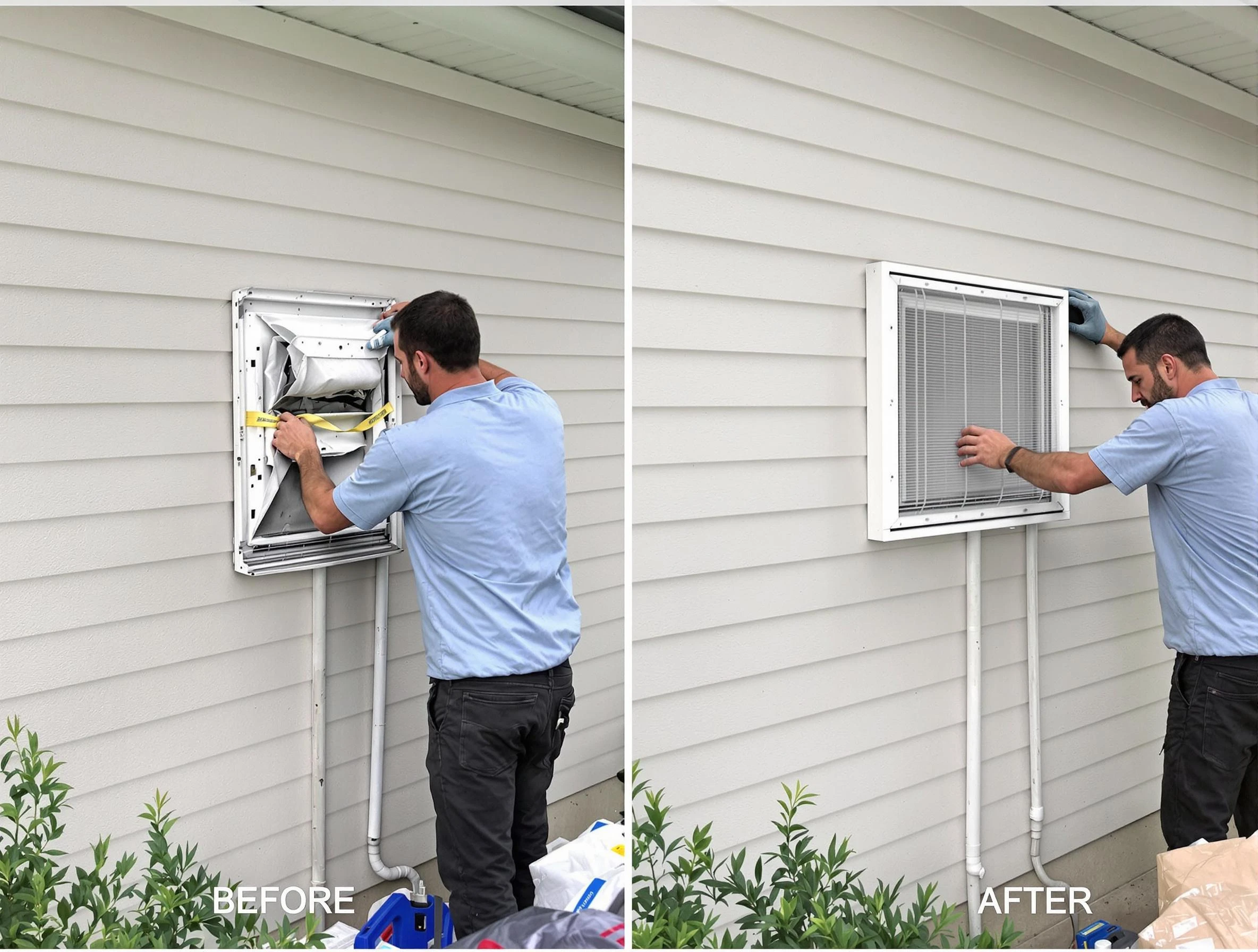 Midwest City Dryer Vent Cleaning technician installing high-quality dryer vent cover at a residential property in Midwest City